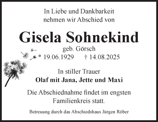 Traueranzeige von Gisela Sohnekind von Volksstimme Magdeburg