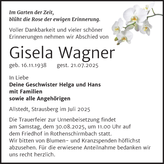 Traueranzeige von Gisela Wagner von Trauerkombi Mansfelder Land