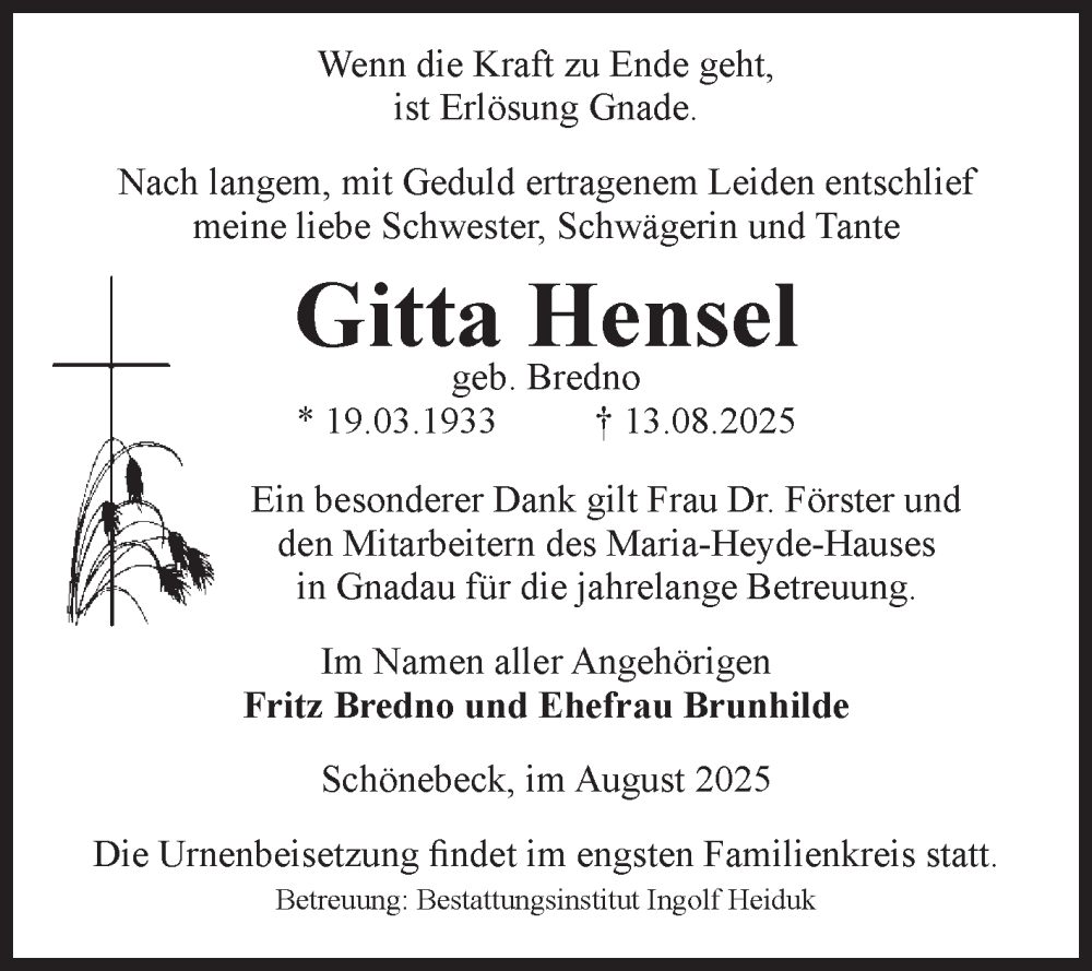  Traueranzeige für Gitta Hensel vom 16.08.2025 aus Volksstimme Schönebeck
