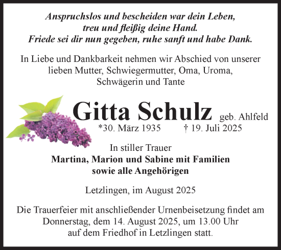 Traueranzeige von Gitta Schulz von Volksstimme Altmark West