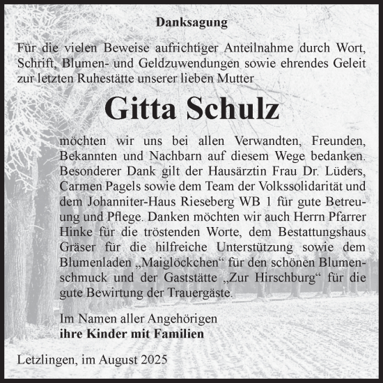 Traueranzeige von Gitta Schulz von Volksstimme Altmark West