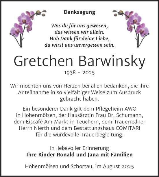 Traueranzeige von Gretchen Barwinsky von Trauerkombi Weißenfels