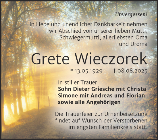 Traueranzeige von Grete Wieczorek von Trauerkombi Merseburg
