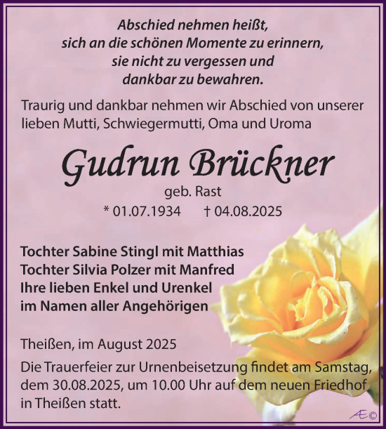 Traueranzeige von Gudrun Brückner von Trauerkombi Zeitz