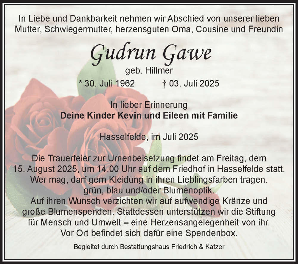  Traueranzeige für Gudrun Gawe vom 09.08.2025 aus Volksstimme Wernigerode