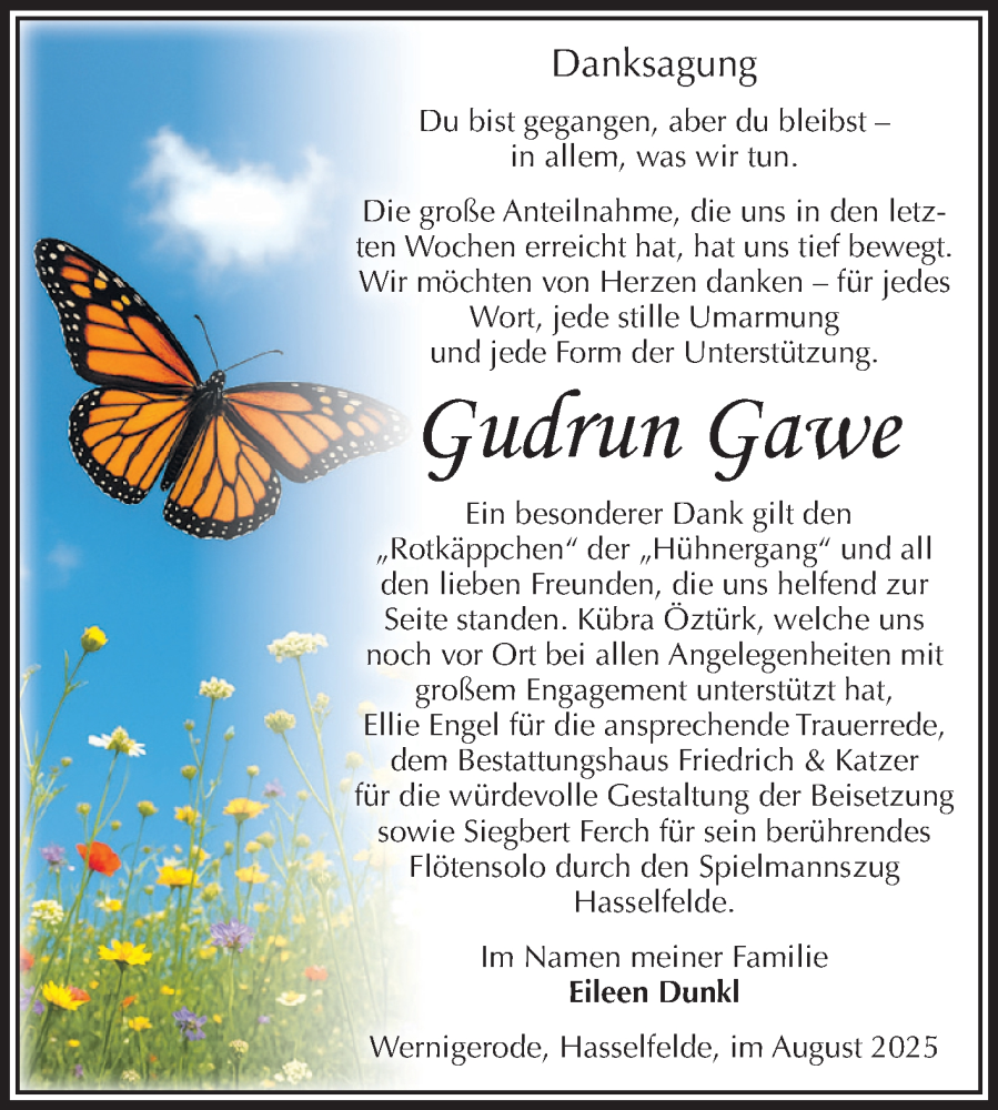  Traueranzeige für Gudrun Gawe vom 23.08.2025 aus Volksstimme Wernigerode