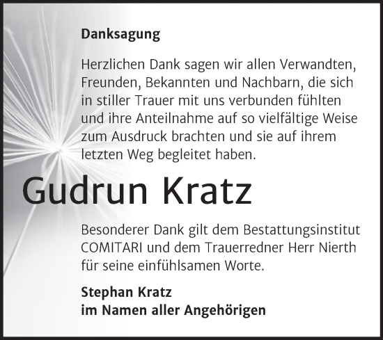 Traueranzeige von Gudrun Kratz von Trauerkombi Weißenfels