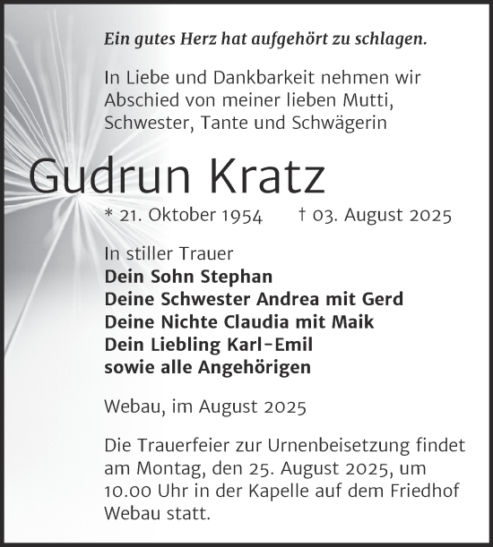 Traueranzeige von Gudrun Kratz von Trauerkombi Weißenfels