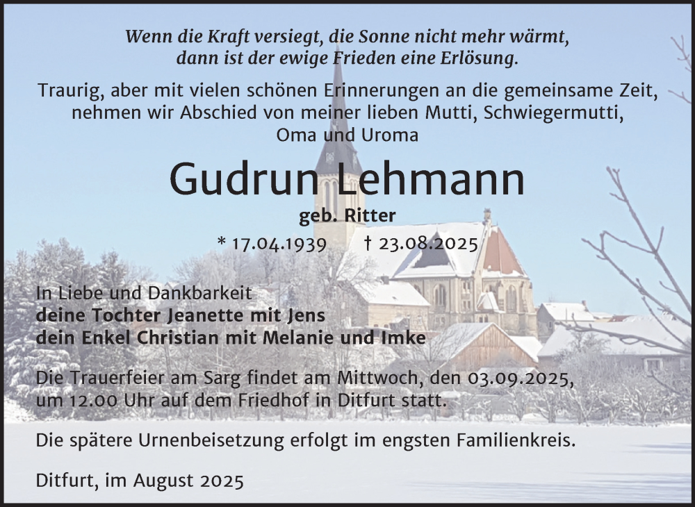  Traueranzeige für Gudrun Lehmann vom 30.08.2025 aus Trauerkombi Quedlinburg