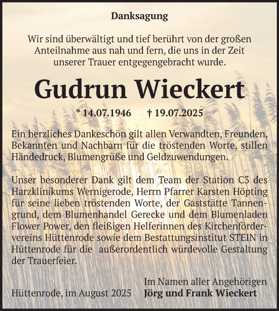  Traueranzeige für Gudrun Wieckert vom 16.08.2025 aus Volksstimme Wernigerode