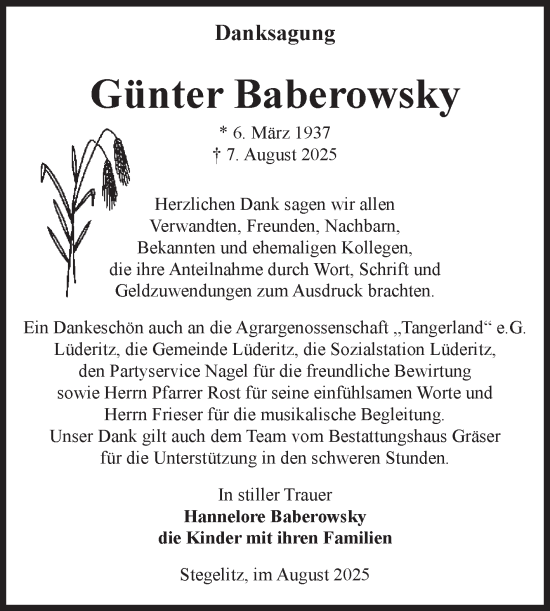 Traueranzeige von Günter Baberowsky von Volksstimme Altmark Ost