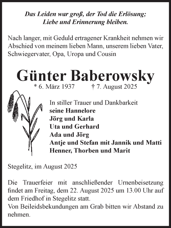 Traueranzeige von Günter Baberowsky von Volksstimme Altmark Ost