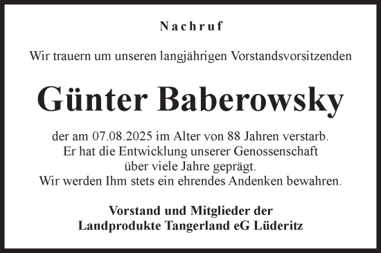 Traueranzeige von Günter Baberowsky von Volksstimme Altmark Ost