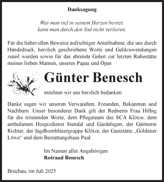 Traueranzeige von Günter Benesch von Volksstimme Altmark West