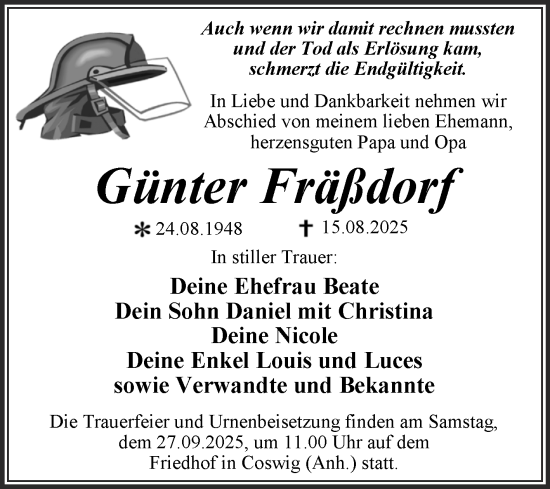 Traueranzeige von Günter Fräßdorf von Trauerkombi Wittenberg