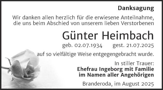 Traueranzeige von Günter Heimbach von Trauerkombi Merseburg