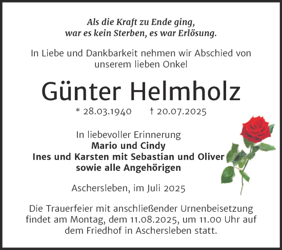 Traueranzeige von Günter Helmholz von Trauerkombi Aschersleben
