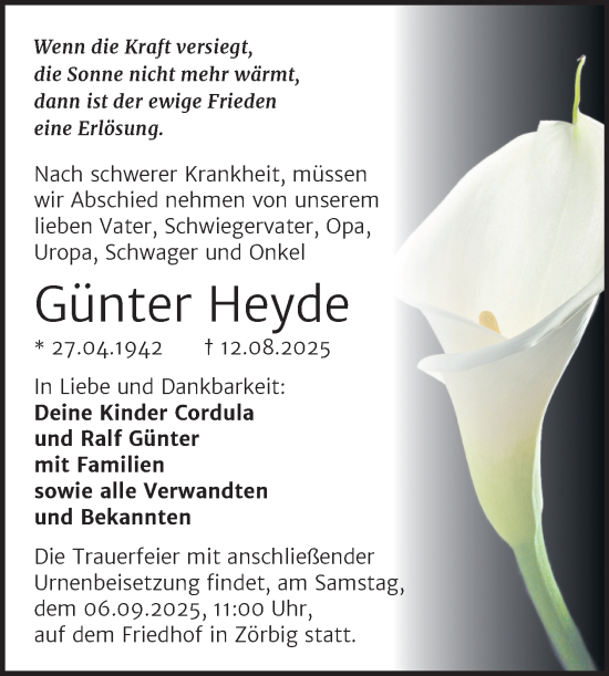 Traueranzeige von Günter Heyde von Trauerkombi Bitterfeld