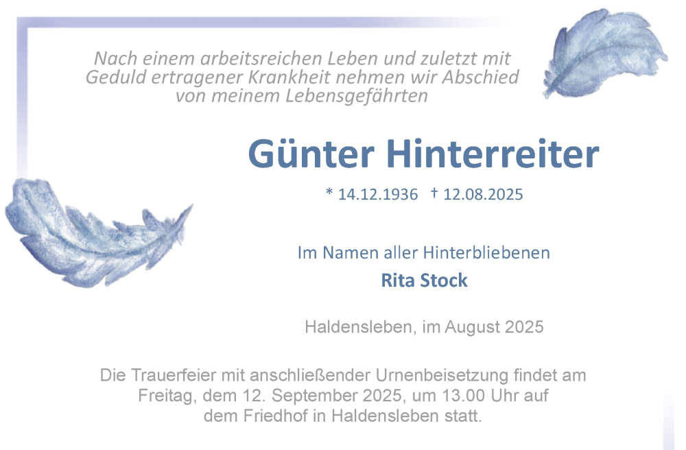  Traueranzeige für Günter Hinterreiter vom 23.08.2025 aus Volksstimme Haldensleben/Wolmirstedt