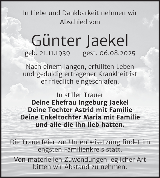 Traueranzeige von Günter Jaekel von Trauerkombi Mansfelder Land