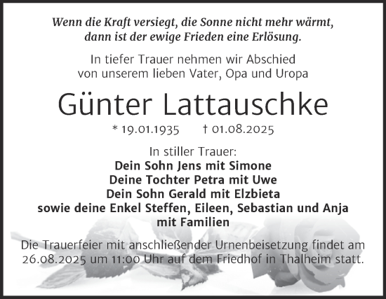 Traueranzeige von Günter Lattauschke von SuperSonntag Bitterfeld