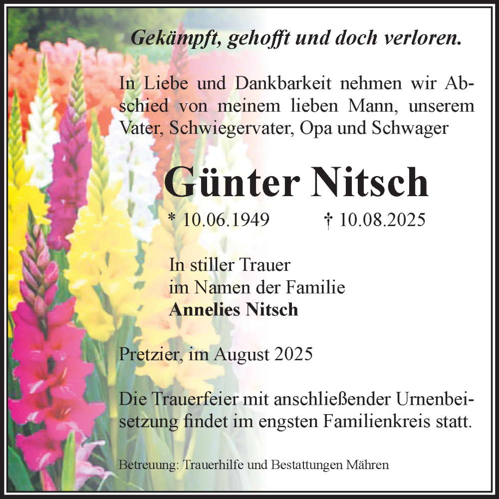  Traueranzeige für Günter Nitsch vom 13.08.2025 aus Volksstimme Altmark West