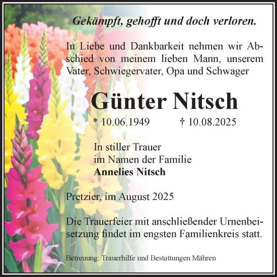 Traueranzeige von Günter Nitsch von Volksstimme Altmark West