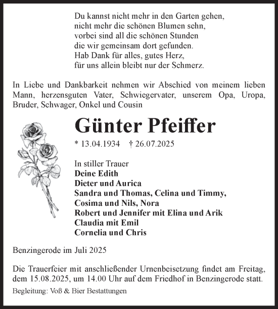 Traueranzeige von Günter Pfeiffer von Volksstimme Wernigerode