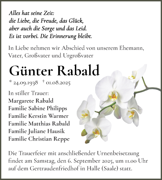 Traueranzeige von Günter Rabald von Mitteldeutsche Zeitung Halle/Saalkreis