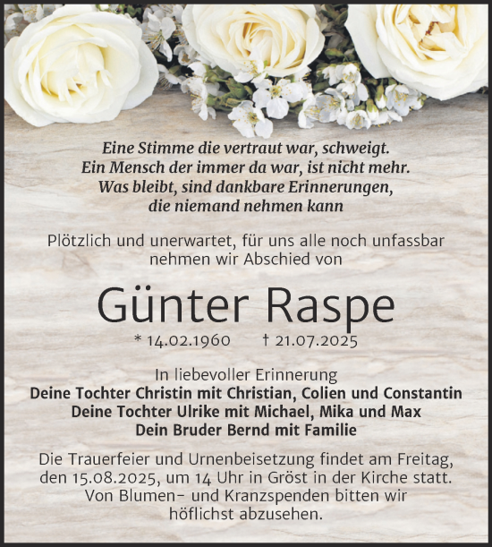 Traueranzeige von Günter Raspe von Super Sonntag Merseburg/Querfurt