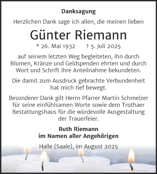 Traueranzeige von Günter Riemann von Mitteldeutsche Zeitung Halle/Saalkreis