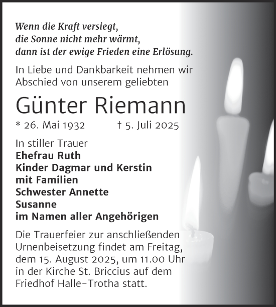 Traueranzeige von Günter Riemann von Mitteldeutsche Zeitung Halle/Saalkreis