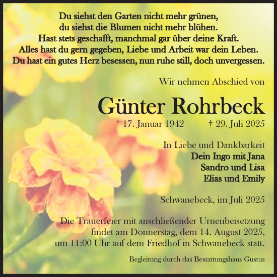 Traueranzeige von Günter Rohrbeck von Volksstimme Halberstadt