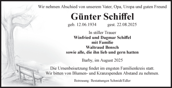 Traueranzeige von Günter Schiffel von Volksstimme Schönebeck