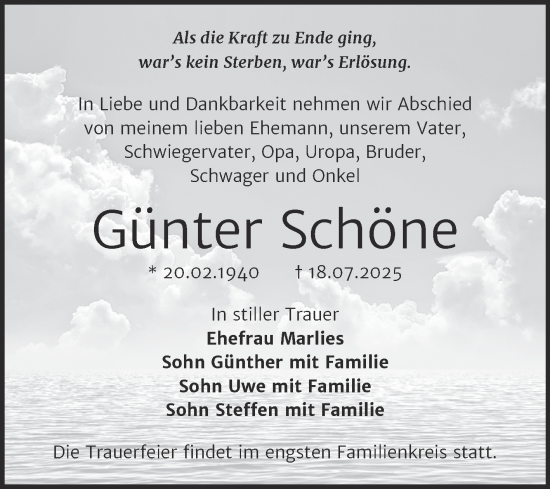 Traueranzeige von Günter Schöne von Trauerkombi Bernburg