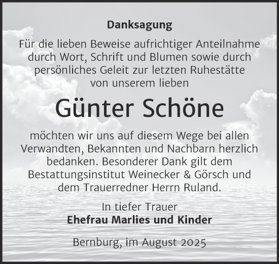 Traueranzeige von Günter Schöne von Trauerkombi Bernburg