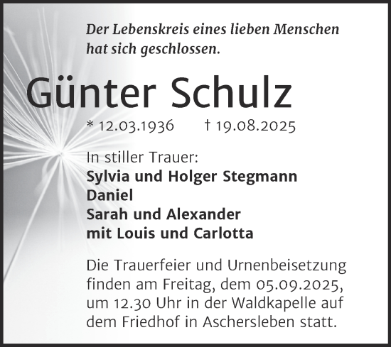 Traueranzeige von Günter Schulz von Trauerkombi Aschersleben