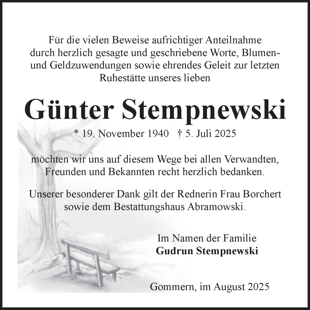  Traueranzeige für Günter Stempnewski vom 09.08.2025 aus Volksstimme Burg/Genthin