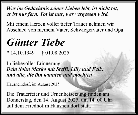 Traueranzeige von Günter Tiebe von Trauerkombi Quedlinburg