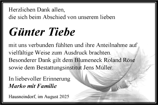 Traueranzeige von Günter Tiebe von Trauerkombi Quedlinburg