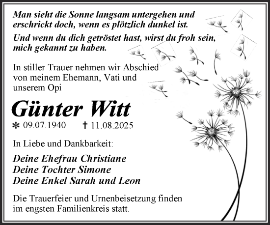 Traueranzeige von Günter Witt von Trauerkombi Dessau
