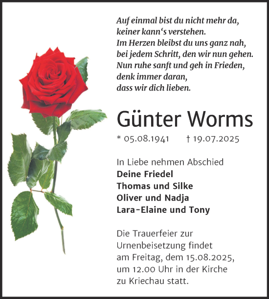 Traueranzeige von Günter Worms von Trauerkombi Weißenfels