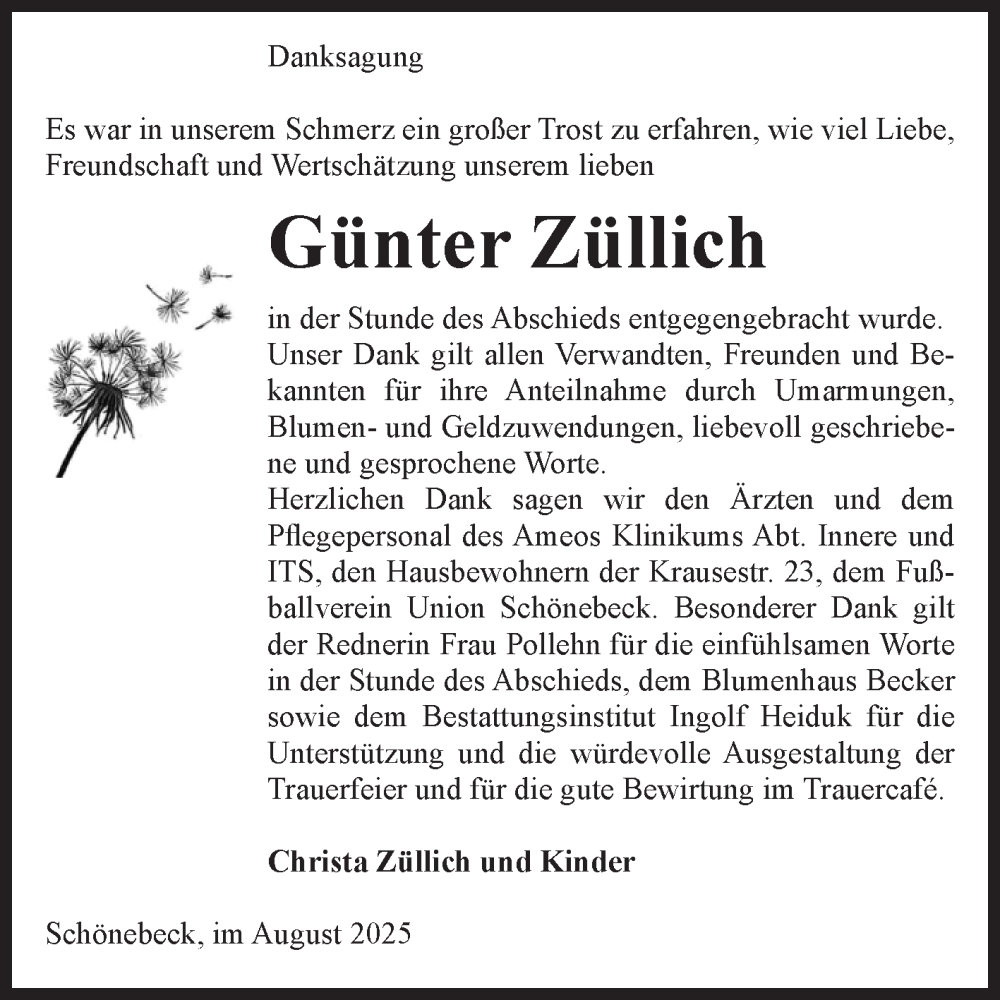  Traueranzeige für Günter Züllich vom 09.08.2025 aus Volksstimme Schönebeck