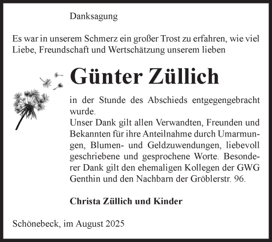 Traueranzeige von Günter Züllich von Volksstimme Burg/Genthin