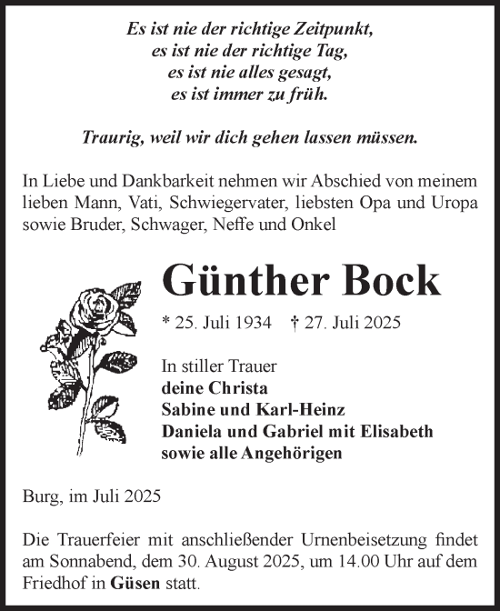 Traueranzeige von Günther Bock von Volksstimme Burg/Genthin