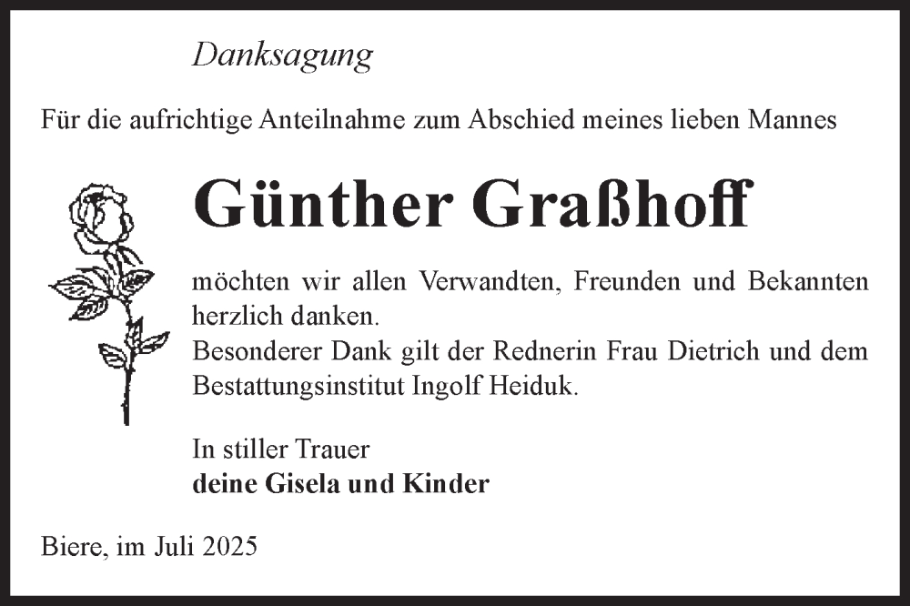  Traueranzeige für Günther Graßhoff vom 02.08.2025 aus Volksstimme Schönebeck