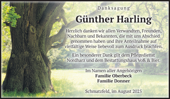 Traueranzeige von Günther Harling von Volksstimme Halberstadt
