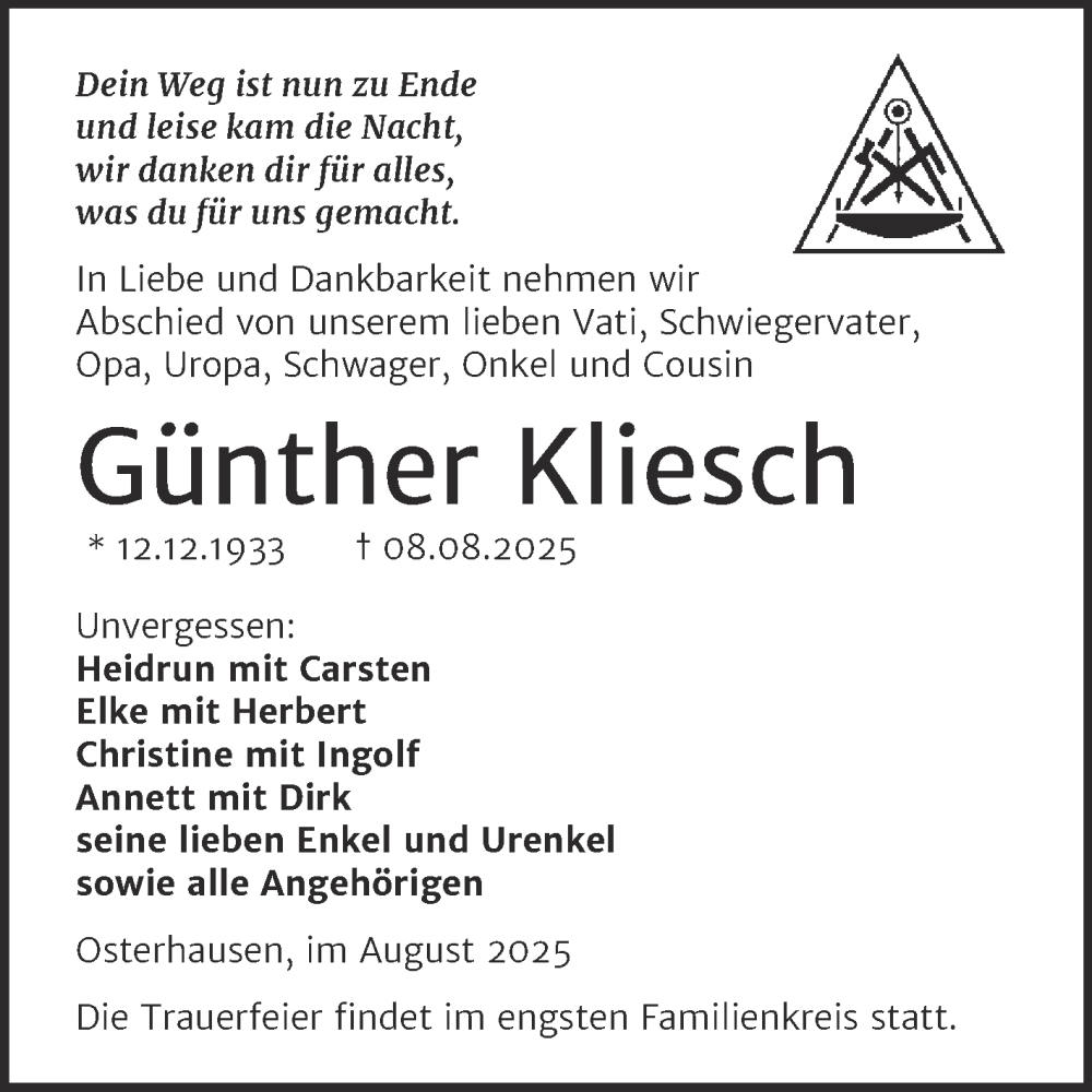  Traueranzeige für Günther Kliesch vom 23.08.2025 aus Trauerkombi Mansfelder Land