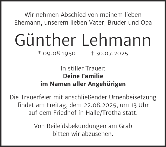 Traueranzeige von Günther Lehmann von Mitteldeutsche Zeitung Halle/Saalkreis