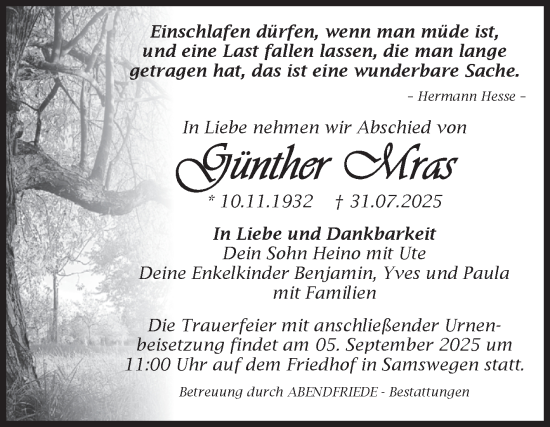 Traueranzeige von Günther Mras von Volksstimme Haldensleben/Wolmirstedt